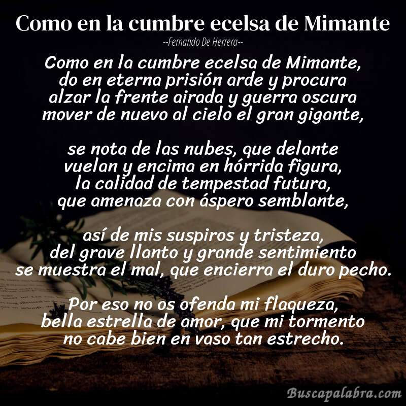 Poema Como en la cumbre ecelsa de Mimante de Fernando de Herrera con fondo de libro