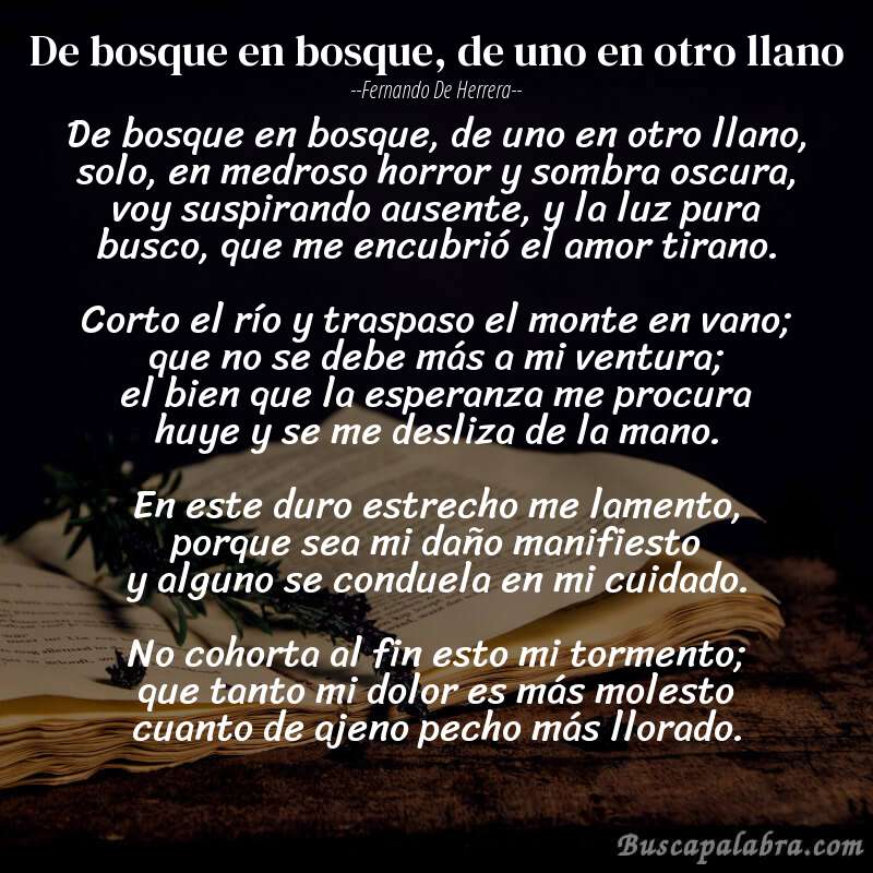 Poema De bosque en bosque, de uno en otro llano de Fernando de Herrera con fondo de libro