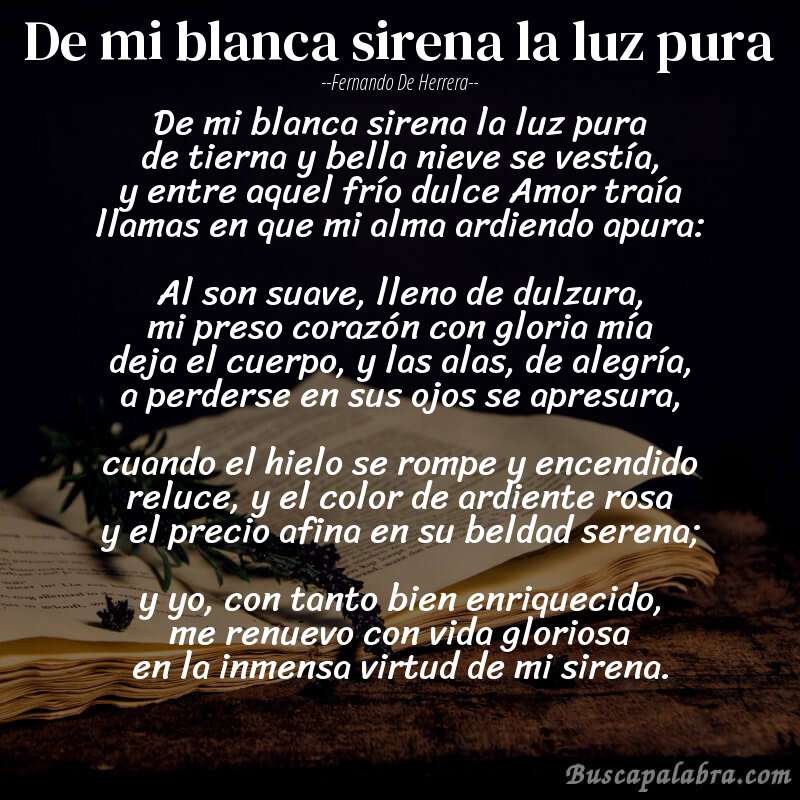 Poema De mi blanca sirena la luz pura de Fernando de Herrera con fondo de libro