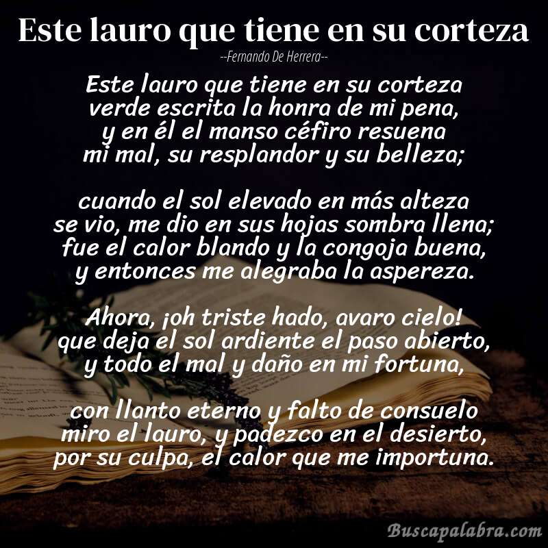 Poema Este lauro que tiene en su corteza de Fernando de Herrera con fondo de libro
