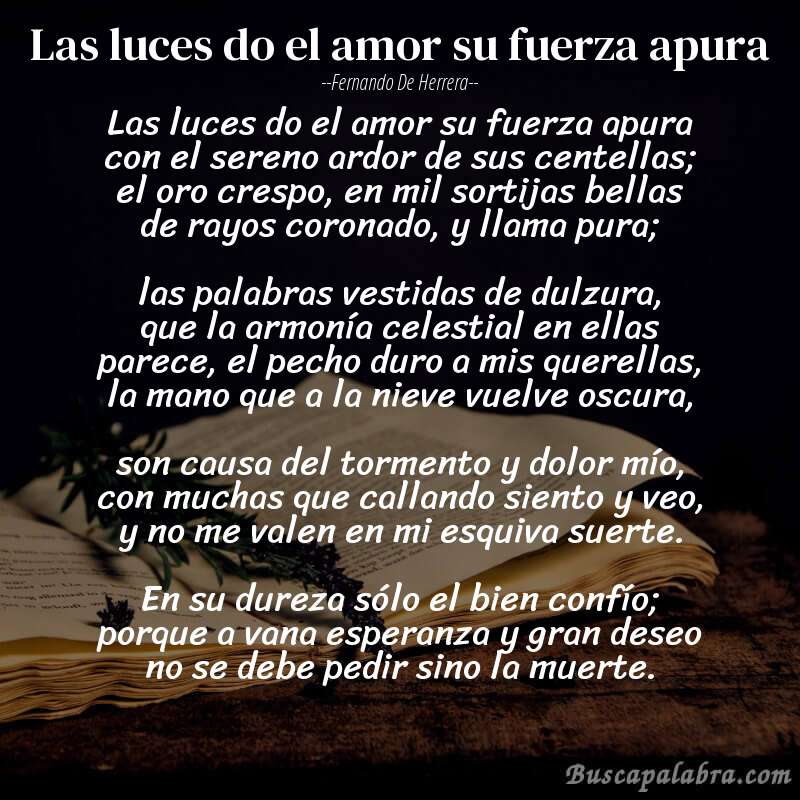 Poema Las luces do el amor su fuerza apura de Fernando de Herrera con fondo de libro