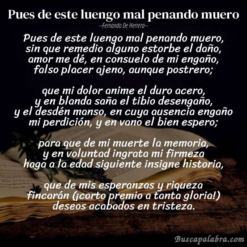 Poema Pues de este luengo mal penando muero de Fernando de Herrera con fondo de libro