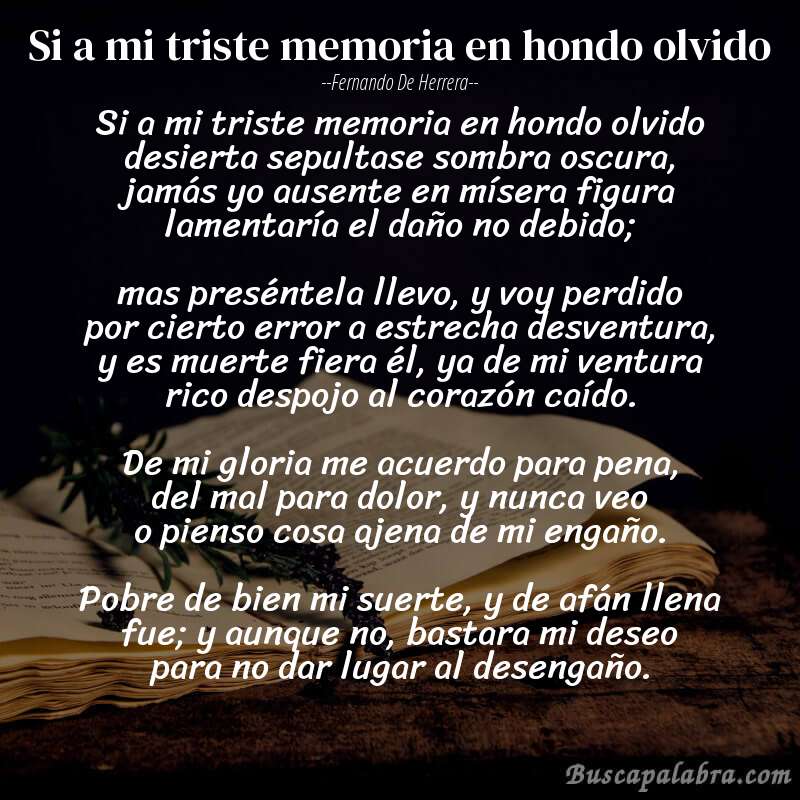 Poema Si a mi triste memoria en hondo olvido de Fernando de Herrera con fondo de libro