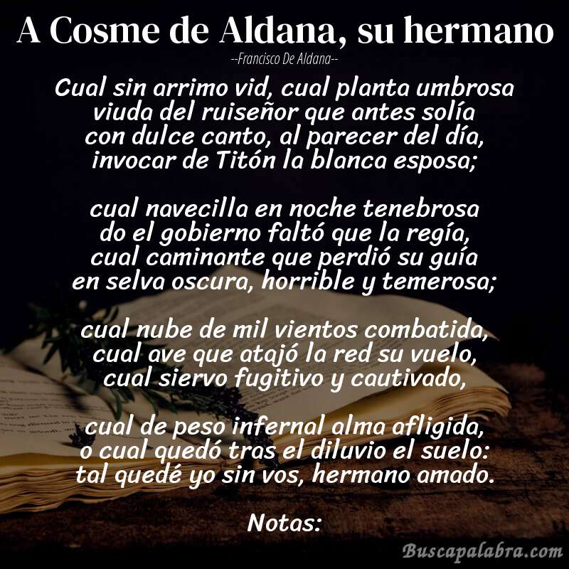 Poema A Cosme de Aldana, su hermano de Francisco de Aldana con fondo de libro