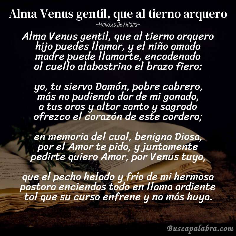 Poema Alma Venus gentil, que al tierno arquero de Francisco de Aldana con fondo de libro