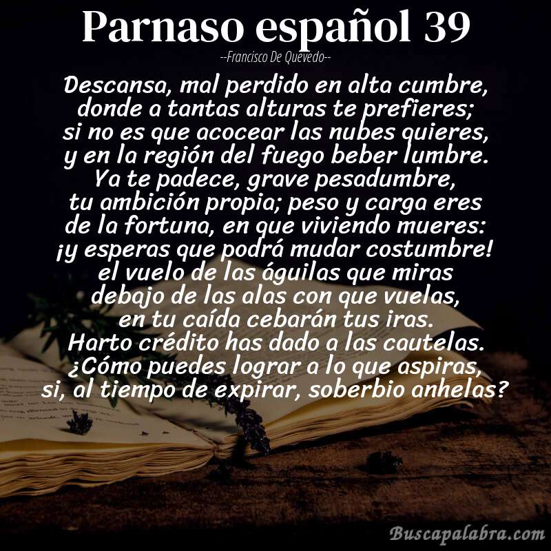 Poema parnaso español 39 de Francisco de Quevedo con fondo de libro