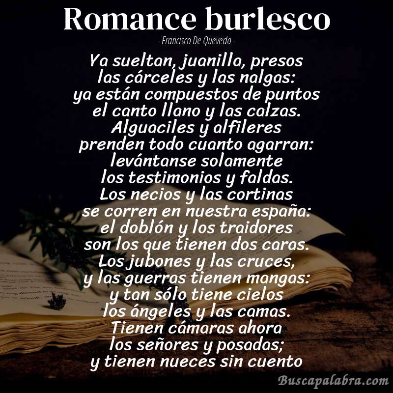 Poema romance burlesco de Francisco de Quevedo con fondo de libro