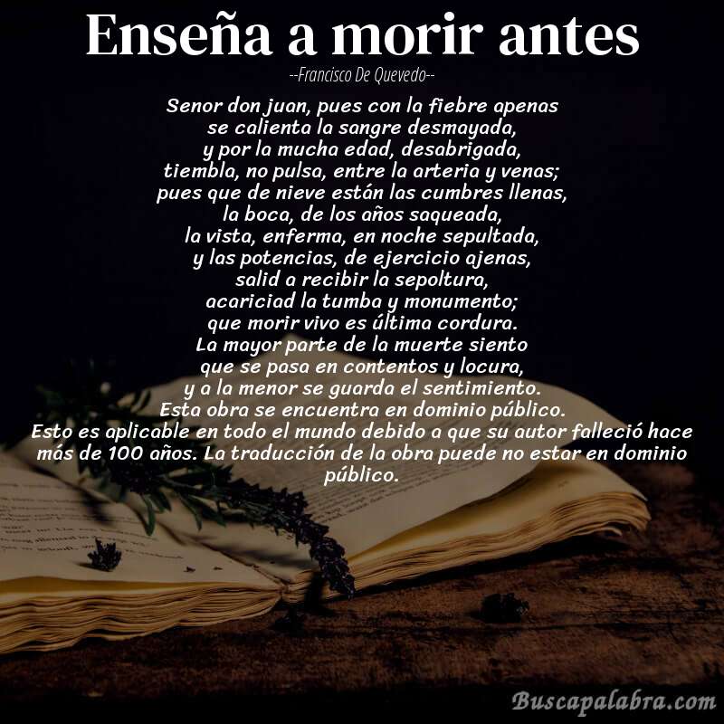 Poema enseña a morir antes de Francisco de Quevedo con fondo de libro
