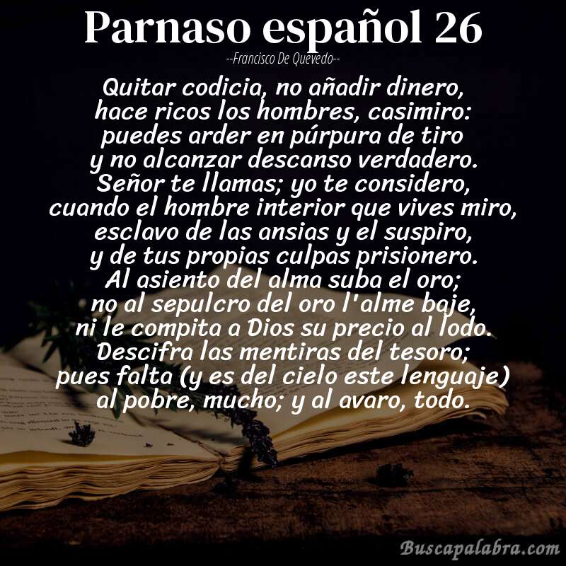Poema parnaso español 26 de Francisco de Quevedo con fondo de libro