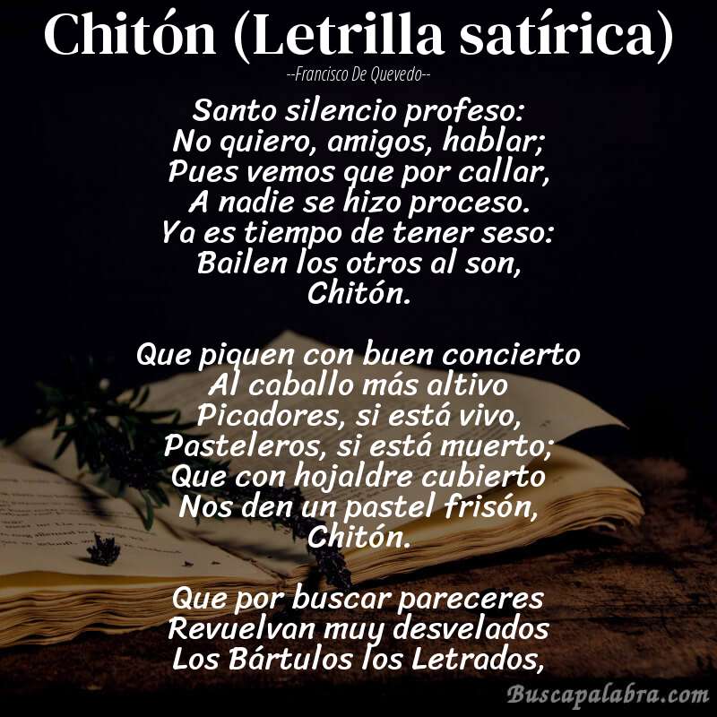 Poema Chitón (Letrilla satírica) de Francisco de Quevedo con fondo de libro