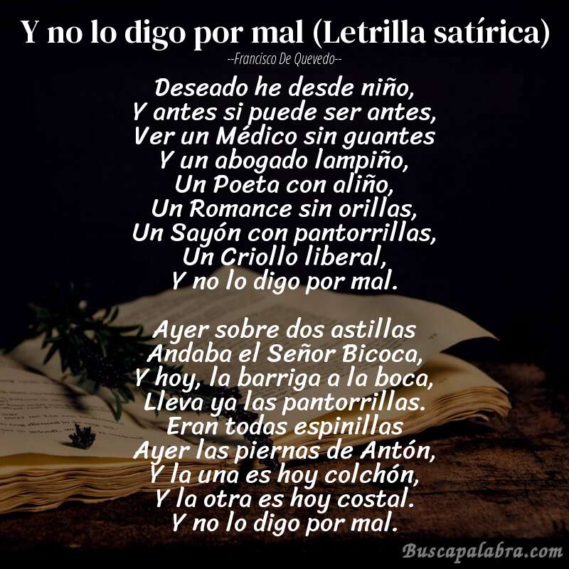 Poema Y no lo digo por mal (Letrilla satírica) de Francisco de Quevedo con fondo de libro