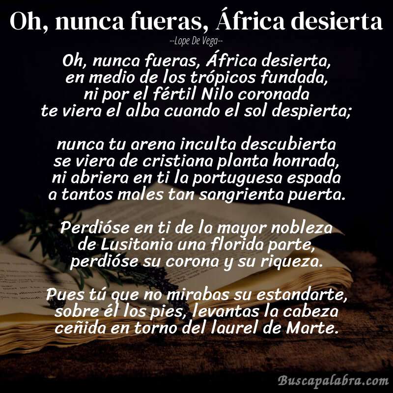 Poema Oh, nunca fueras, África desierta de Lope de Vega con fondo de libro
