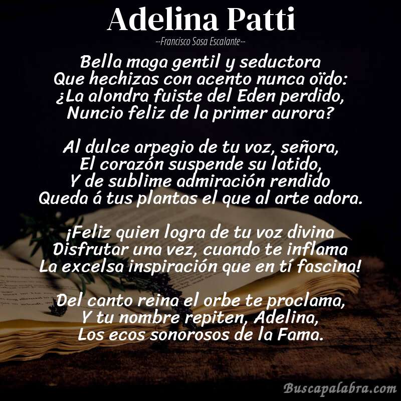 Poema Adelina Patti de Francisco Sosa Escalante con fondo de libro