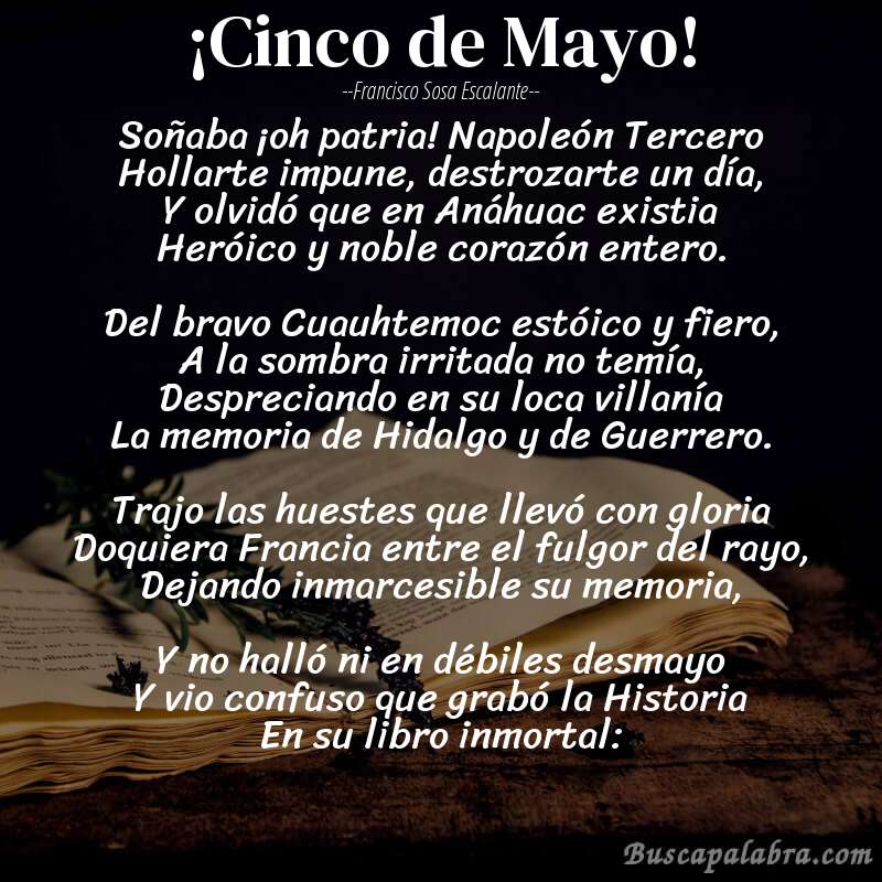 Poema ¡Cinco de Mayo! de Francisco Sosa Escalante con fondo de libro