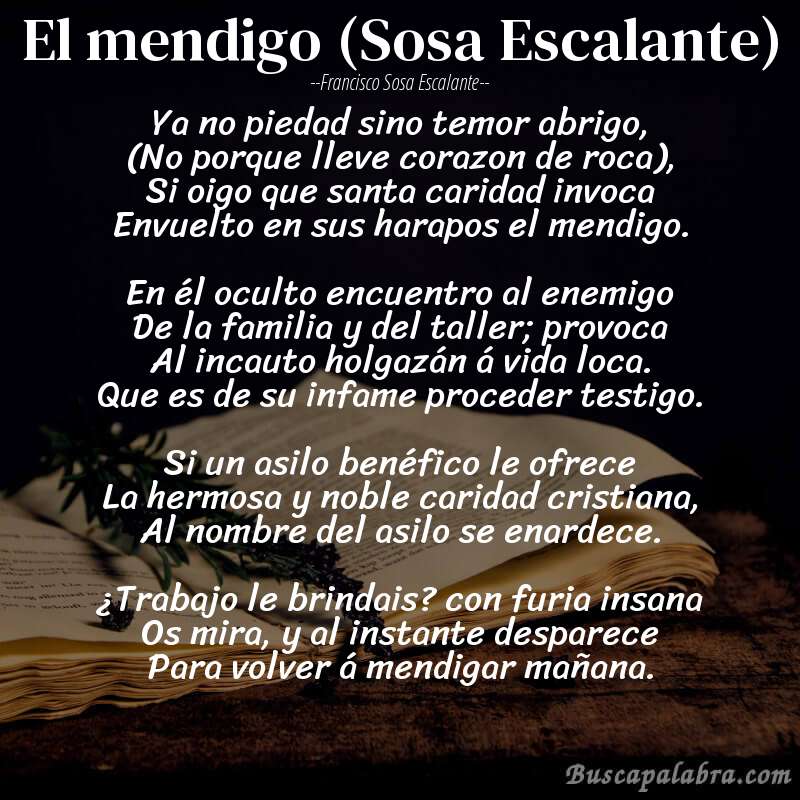 Poema El mendigo (Sosa Escalante) de Francisco Sosa Escalante con fondo de libro