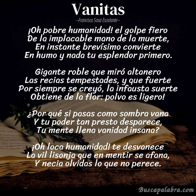 Poema Vanitas de Francisco Sosa Escalante con fondo de libro