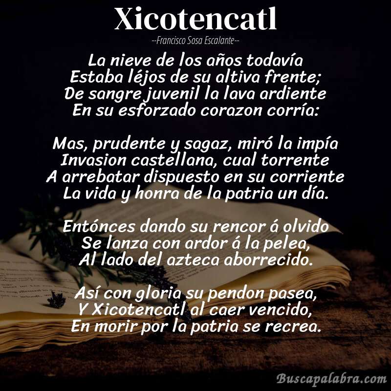 Poema Xicotencatl de Francisco Sosa Escalante con fondo de libro
