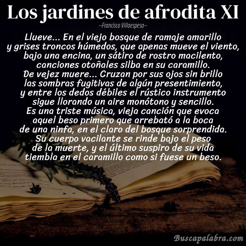 Poema los jardines de afrodita XI de Francisco Villaespesa con fondo de libro