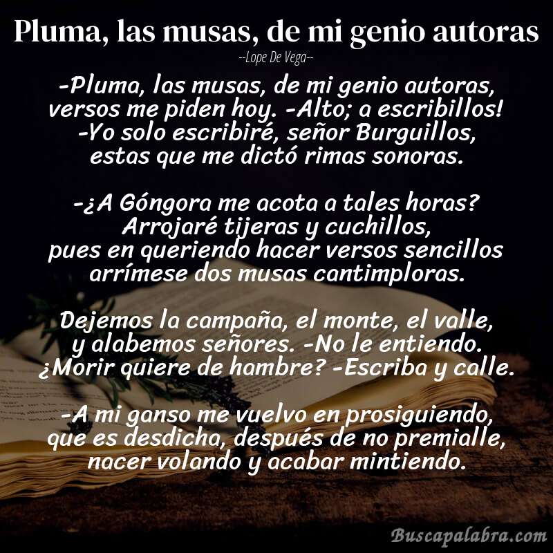 Poema Pluma, las musas, de mi genio autoras de Lope de Vega con fondo de libro