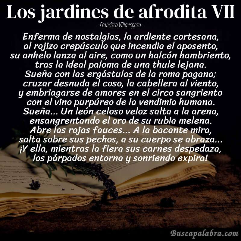 Poema los jardines de afrodita VII de Francisco Villaespesa con fondo de libro