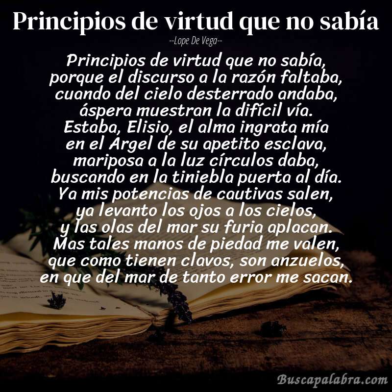 Poema Principios de virtud que no sabía de Lope de Vega con fondo de libro