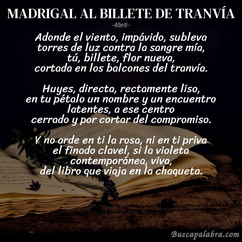 Poema MADRIGAL AL BILLETE DE TRANVÍA de Alberti con fondo de libro