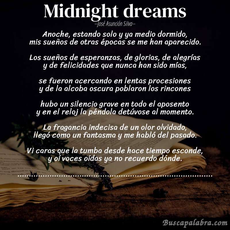 Poema Midnight dreams de José Asunción Silva con fondo de libro