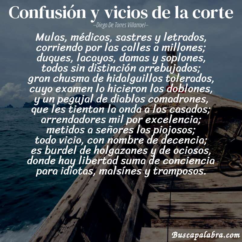 Poema confusión y vicios de la corte de Diego de Torres Villarroel con fondo de barca