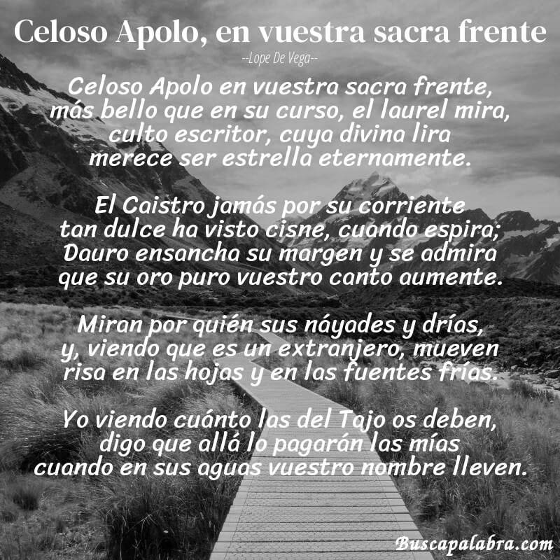 Poema Celoso Apolo, en vuestra sacra frente de Lope de Vega con fondo de paisaje