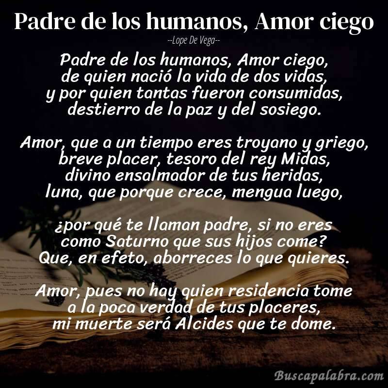 Poema Padre de los humanos, Amor ciego de Lope de Vega con fondo de libro