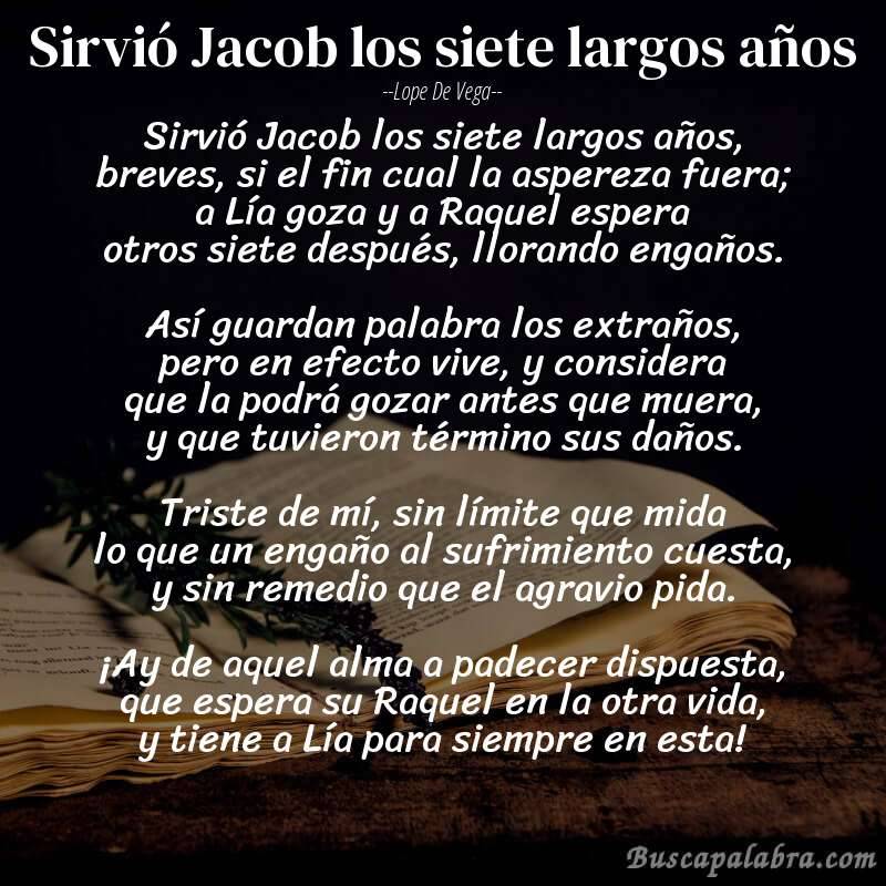 Poema Sirvió Jacob los siete largos años de Lope de Vega con fondo de libro