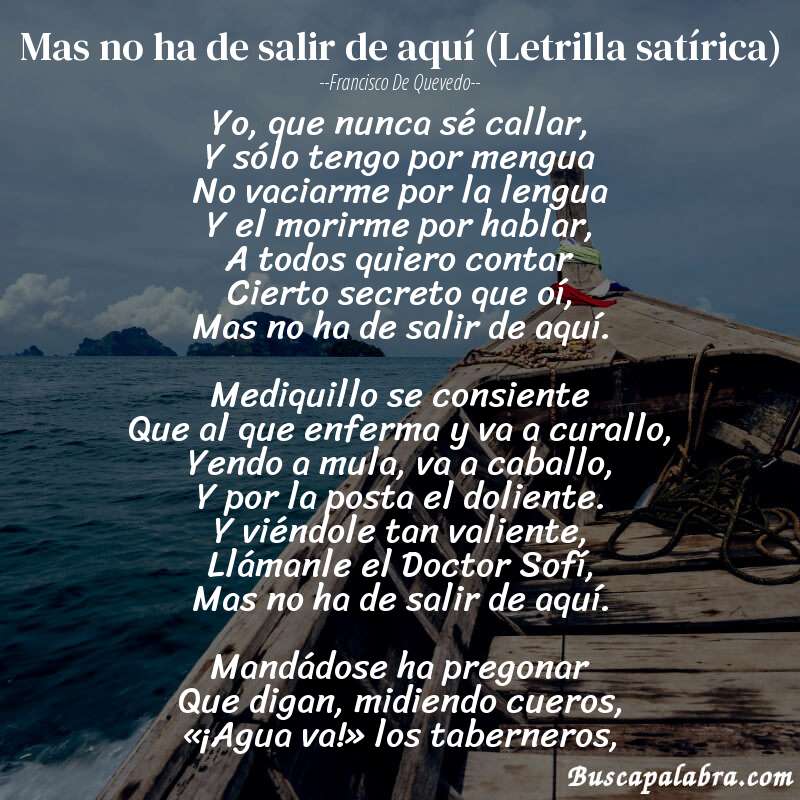 Poema Mas no ha de salir de aquí (Letrilla satírica) de Francisco de Quevedo con fondo de barca