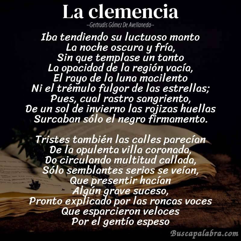 Poema La clemencia de Gertrudis Gómez de Avellaneda con fondo de libro