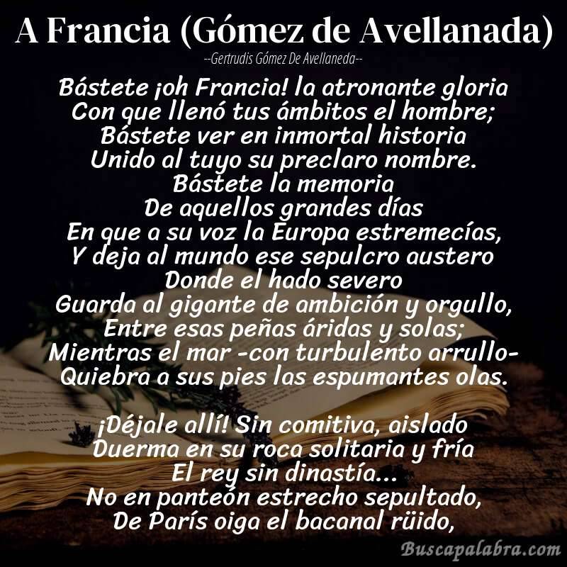 Poema A Francia (Gómez de Avellanada) de Gertrudis Gómez de Avellaneda con fondo de libro