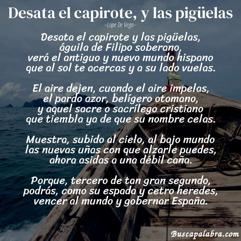 Poema Desata el capirote, y las pigüelas de Lope de Vega con fondo de barca