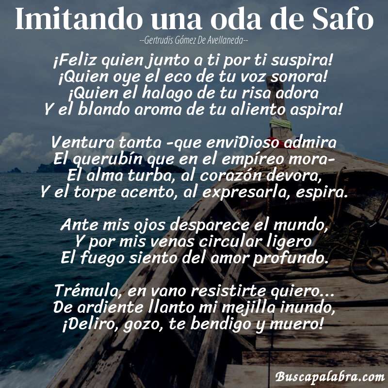 Poema Imitando una oda de Safo de Gertrudis Gómez de Avellaneda con fondo de barca
