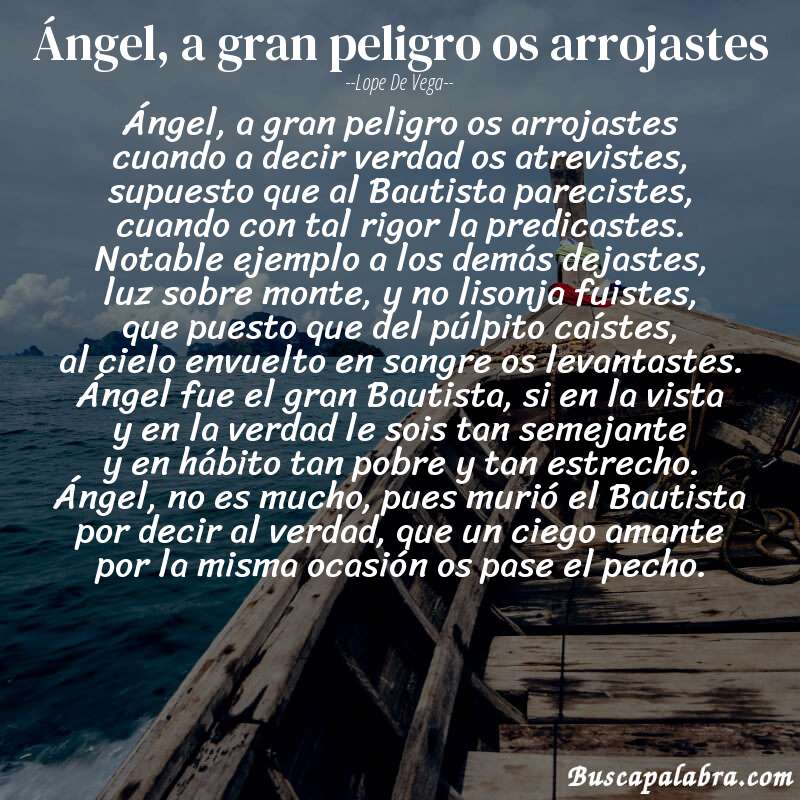 Poema Ángel, a gran peligro os arrojastes de Lope de Vega con fondo de barca