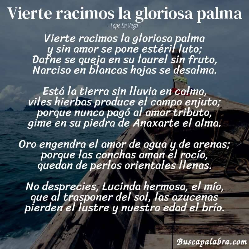 Poema Vierte racimos la gloriosa palma de Lope de Vega con fondo de barca