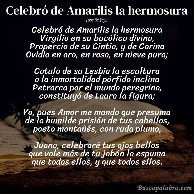 Poema Celebró de Amarilis la hermosura de Lope de Vega con fondo de libro