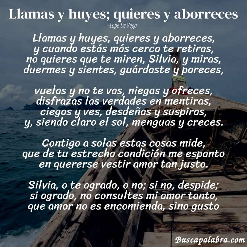Poema Llamas y huyes; quieres y aborreces de Lope de Vega con fondo de barca