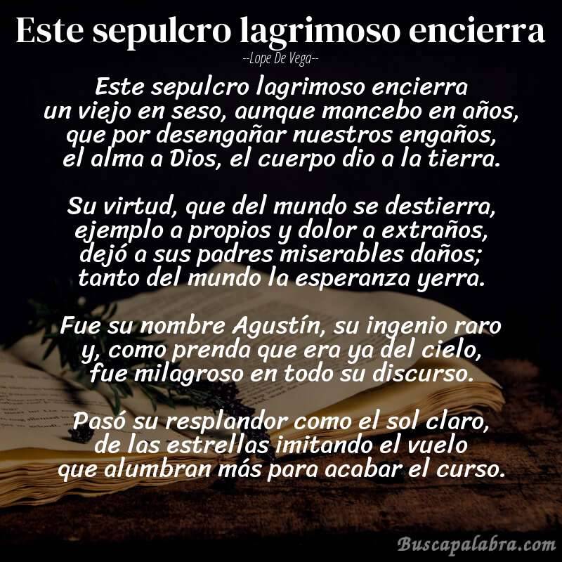 Poema Este sepulcro lagrimoso encierra de Lope de Vega con fondo de libro