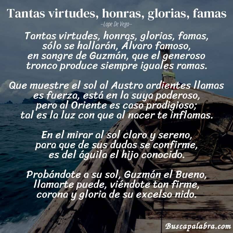 Poema Tantas virtudes, honras, glorias, famas de Lope de Vega con fondo de barca