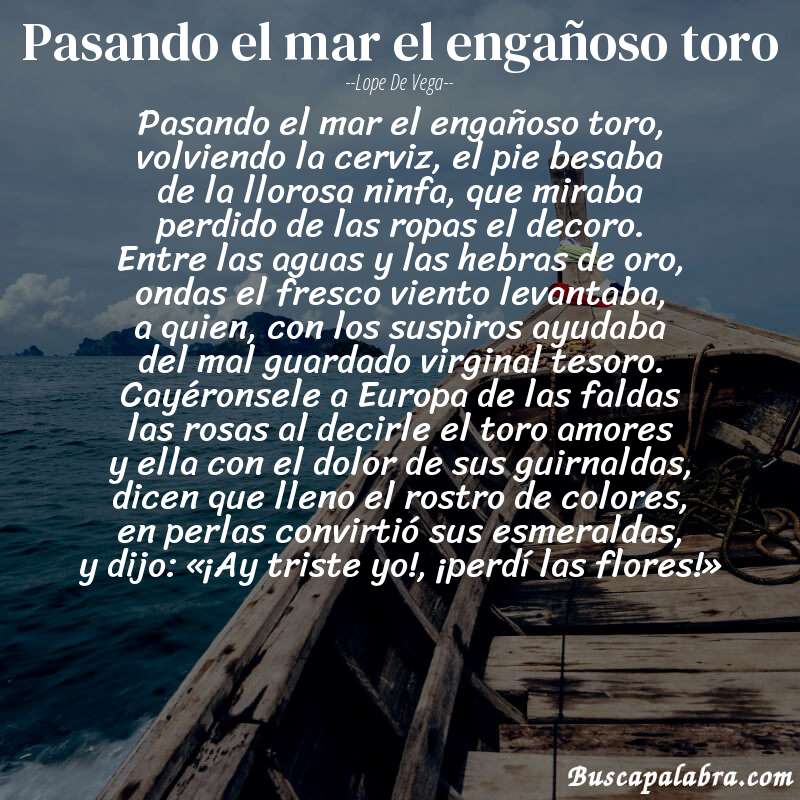 Poema Pasando el mar el engañoso toro de Lope de Vega con fondo de barca