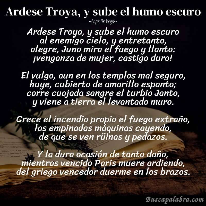 Poema Ardese Troya, y sube el humo escuro de Lope de Vega con fondo de libro