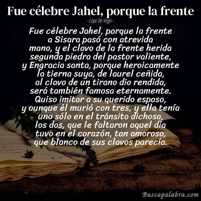 Poema Fue célebre Jahel, porque la frente de Lope de Vega con fondo de libro