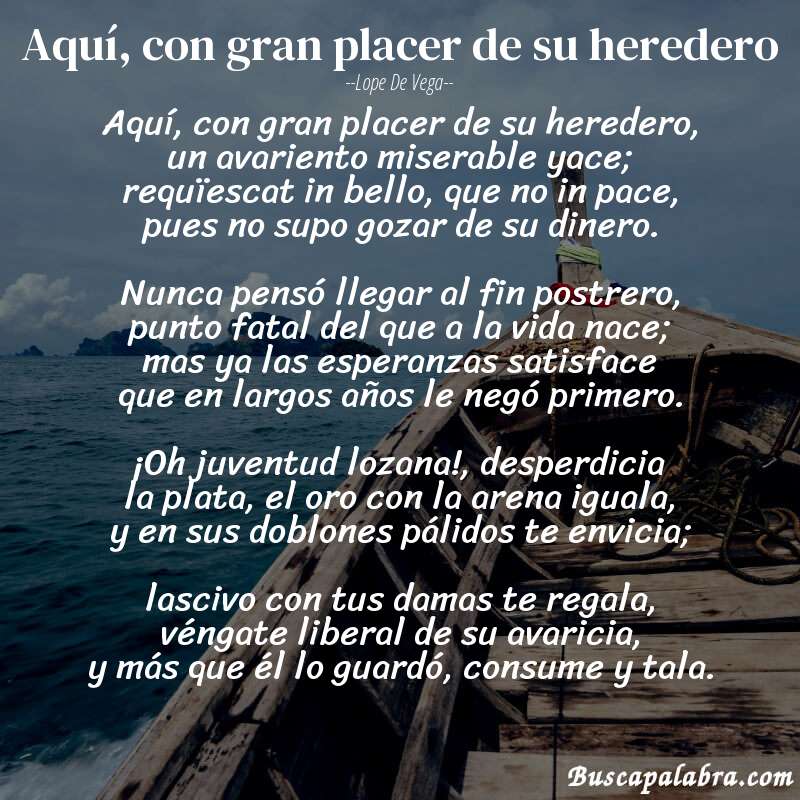 Poema Aquí, con gran placer de su heredero de Lope de Vega con fondo de barca