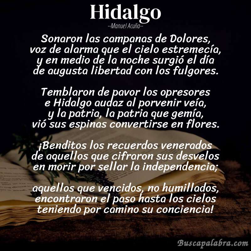 Poema Hidalgo de Manuel Acuña con fondo de libro