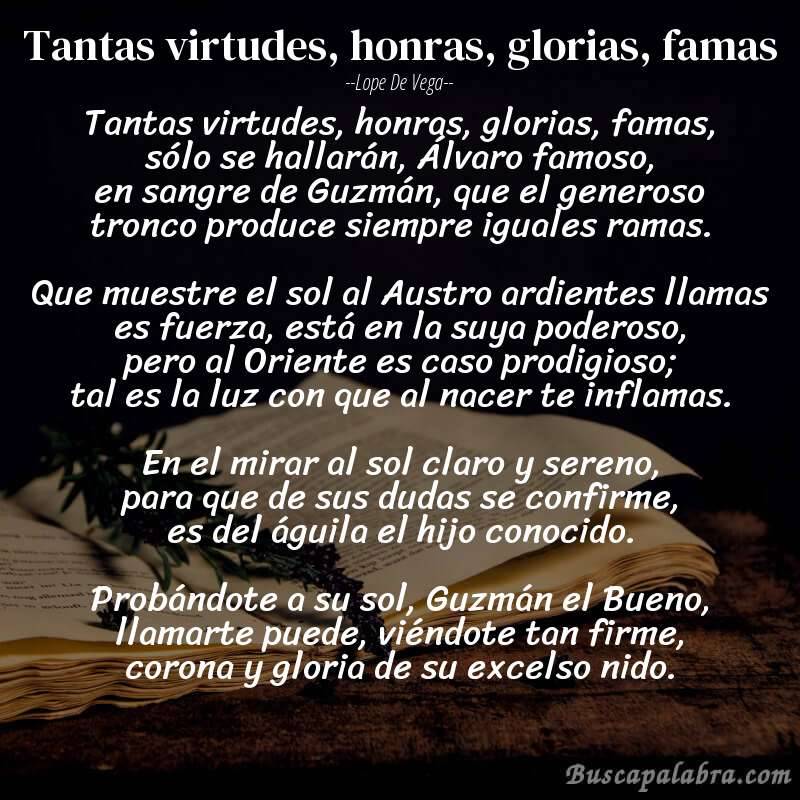 Poema Tantas virtudes, honras, glorias, famas de Lope de Vega con fondo de libro