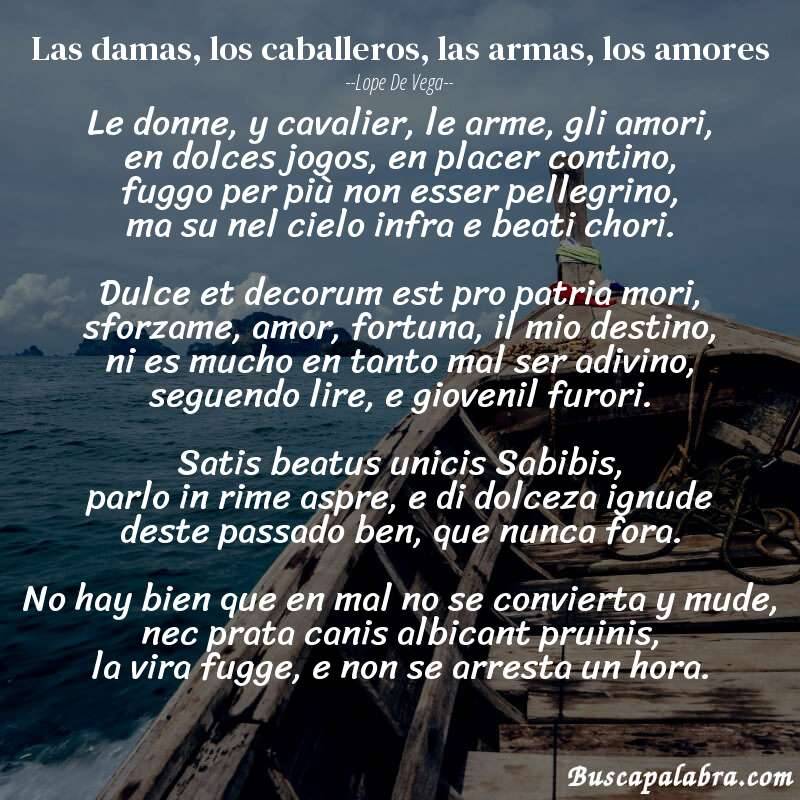 Poema Las damas, los caballeros, las armas, los amores de Lope de Vega con fondo de barca