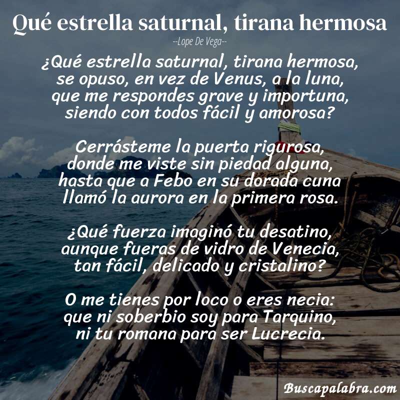 Poema Qué estrella saturnal, tirana hermosa de Lope de Vega con fondo de barca